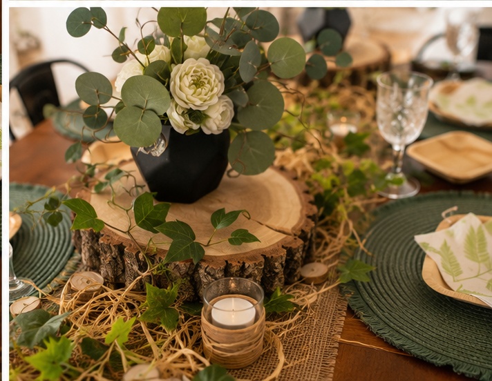 Centre de table végétal avec fleurs blanches et rondin de bois