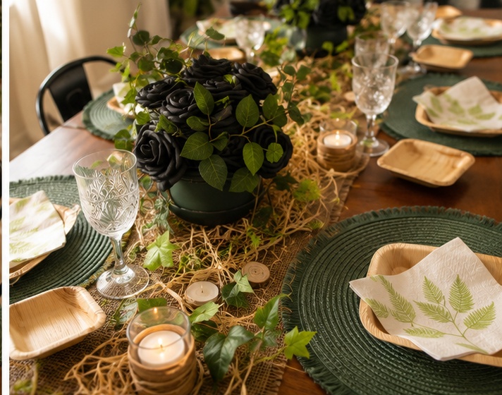 Centre de table de roses noires et lierre
