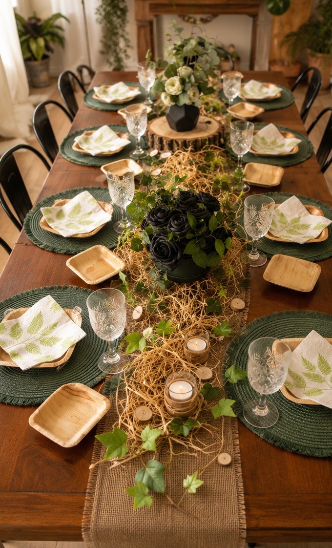 Table végétale complète avec roses noires et vaisselle en bambou