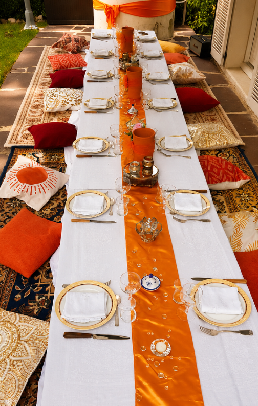 Longue table orientale en extérieur avec coussins colorés