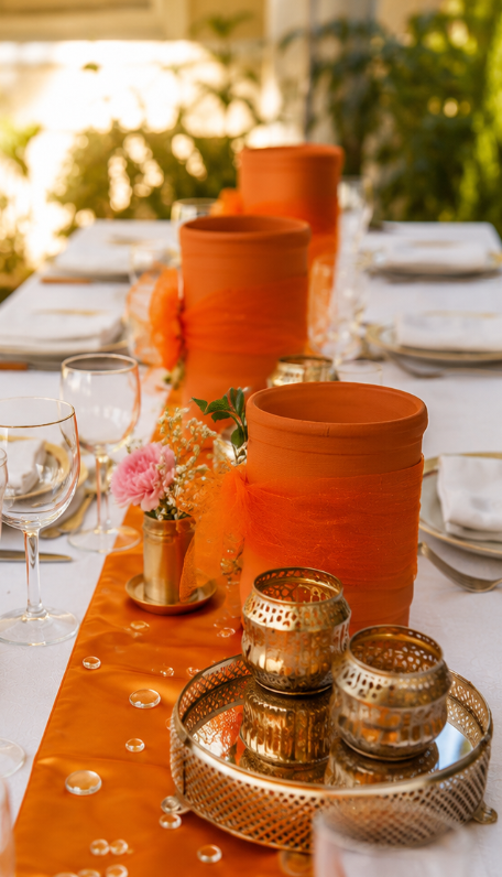 Détail de table orientale avec vases en terre cuite et bougeoirs dorés